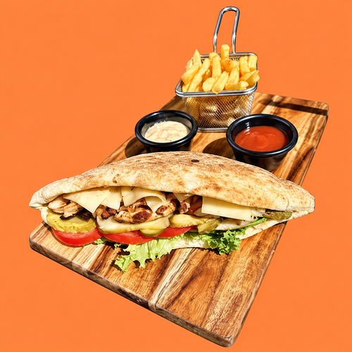 Sandwich pizza poulet Baci, servi avec frites et sauces