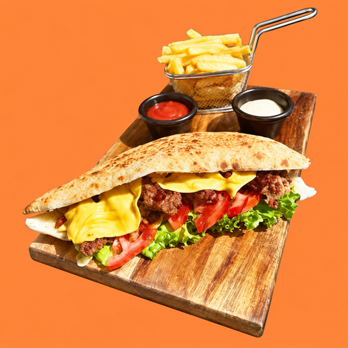 Sandwich pizza viande hachée Baci, servi avec frites